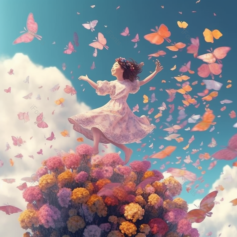 浪漫粉色夏日穿裙子的女孩开心飞舞,插画/手绘图,插画/手绘图库,插画/手绘图下载,插画/手绘